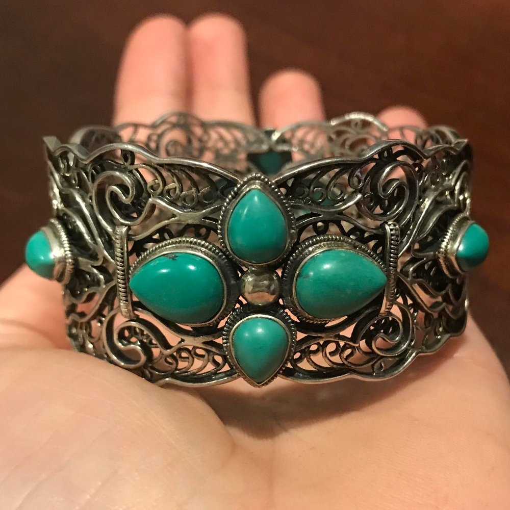 QVC Sterling Silver Turquoise Filigree Bangle